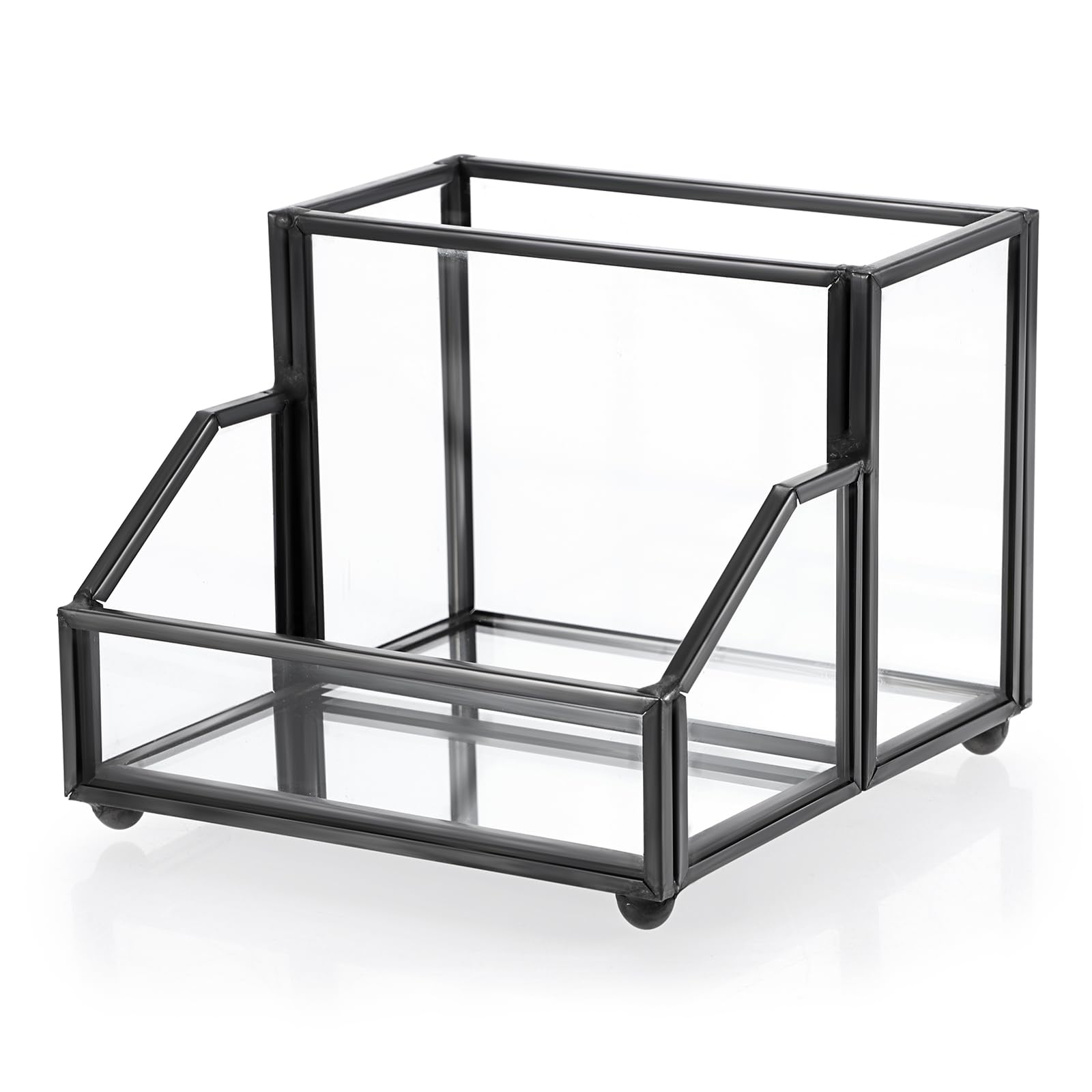 Hipiwe Glass Business Card Holder Stand Metal Pen Pencil Storage Holder for Desk Clear Business Name Card Display Organizer Case for Office Home