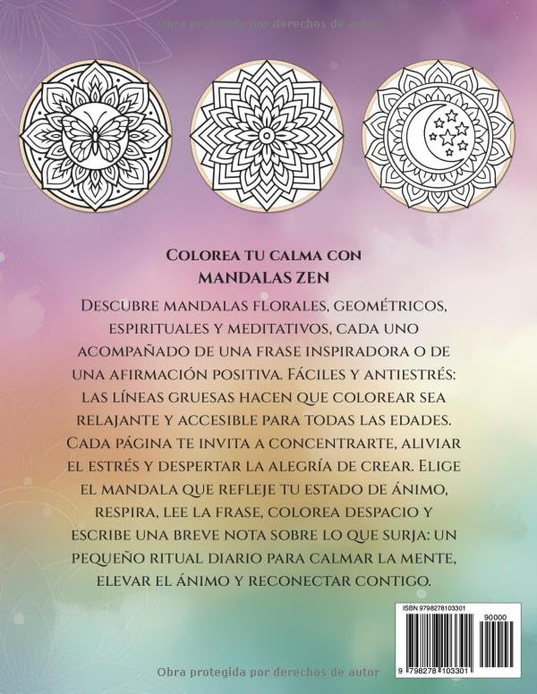 Miniatura 2 de Mandalas ZEN Fáciles y Antiestrés Libro para colorear Mandalas de líneas gruesas con frases inspiradoras y afirmaciones positivas para aliviar el