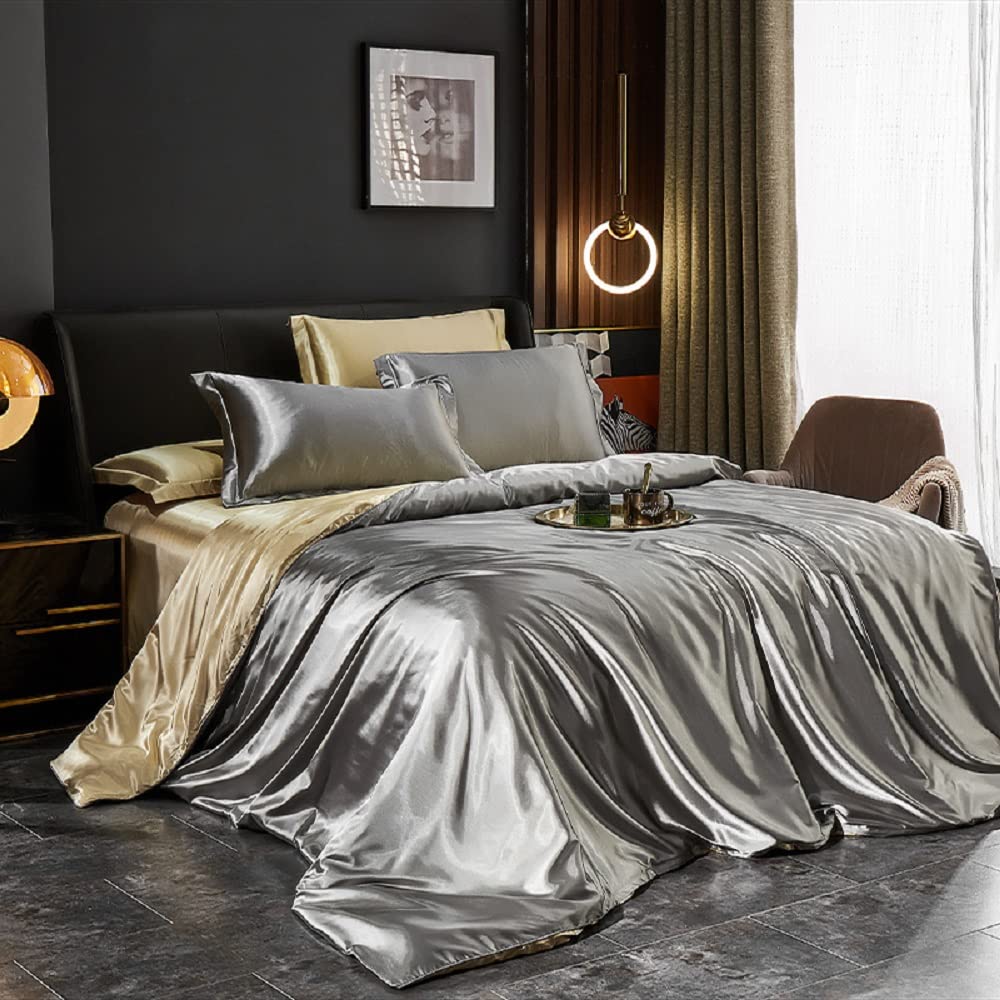 Lanqinglv Grey And Gold Single Duvet Cover Set Silky Satin Luxury Bedding Set Single Bed Smooth Shiny Quilt Cover 135X200cm With Zipper Closure And 1 Pillowcase 50X75cm