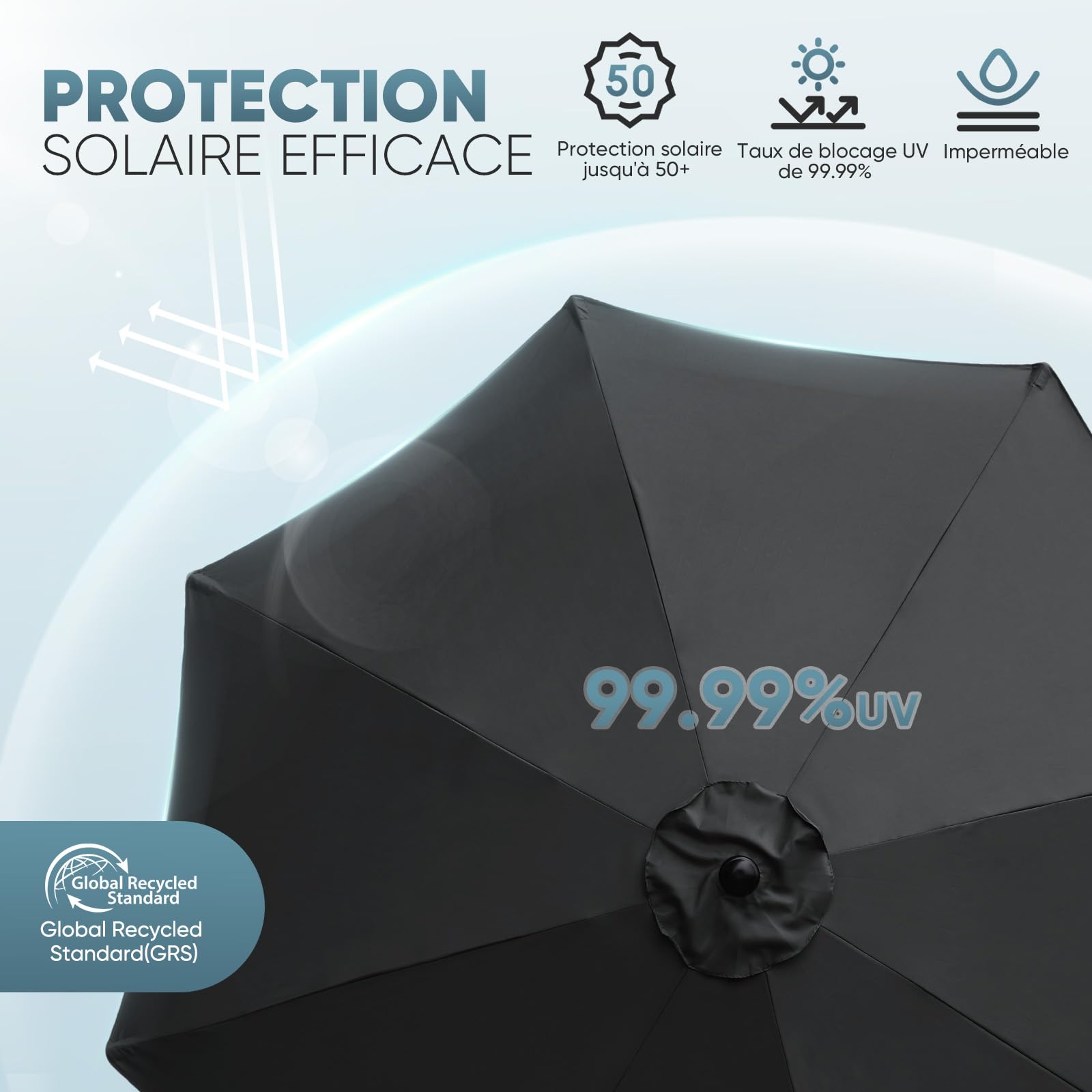 Sekey Parasol avec protection UV50+, imperméable, avec manivelle – Idéal pour le jardin, le balcon et la terrasse