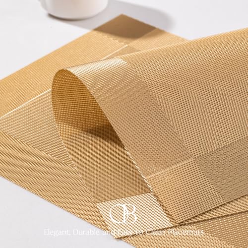 Image of Placemats Set of 4 - Easy Clean Woven Vinyl Placemats for Dining Table, Indoor /Outdoor Place Mats, Washable PVC Table Mats(Gold Cube)