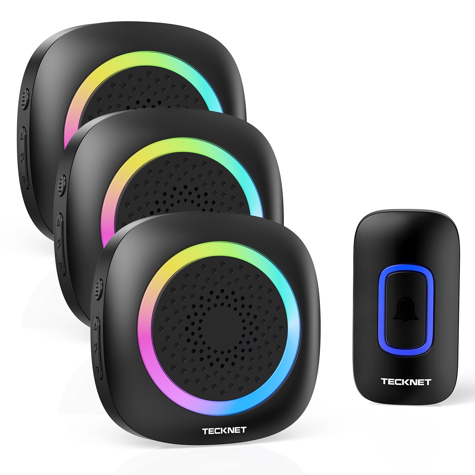 Tecknet Campanello Senza Fili da Esterno, Campanello Wireless IP66 Impermeabile con RGB Indicatori 400M Operativo Portata, 60 Suonerie, 5 Volumi Selezionabili,(1xTrasmettitore e 3x Ricevitore)