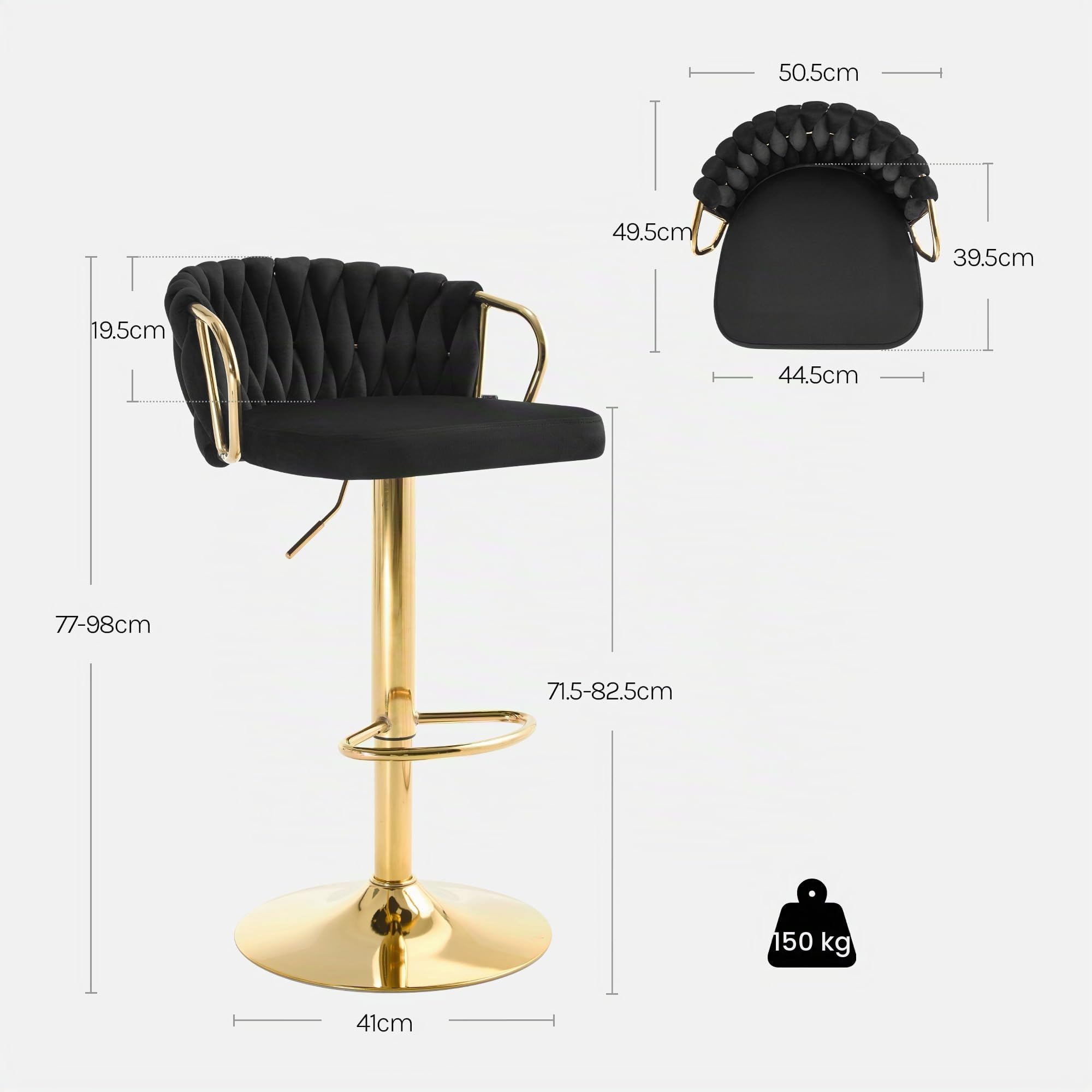 WOLTU Taburetes Altos de Cocina Set 2 Altura Ajustable, Negro | con Respaldo y Reposapiés, Base de Metal, Terciopelo, para Comedor, Salón y Cafetería