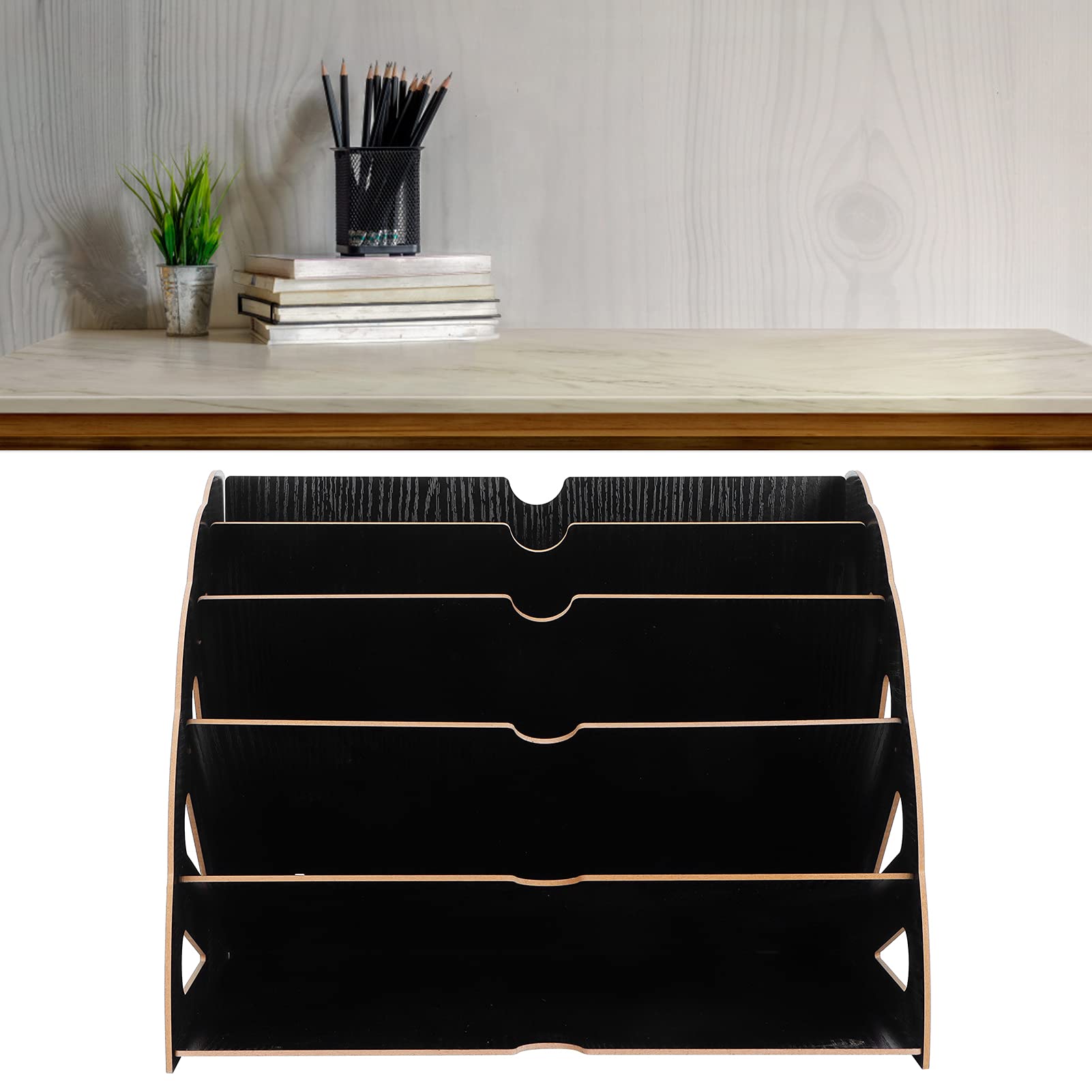 Estantería de almacenamiento de madera con múltiples compartimentos, organizador de archivos de escritorio para suministros de oficina, soporte de madera para libros y revistas con (Negra)