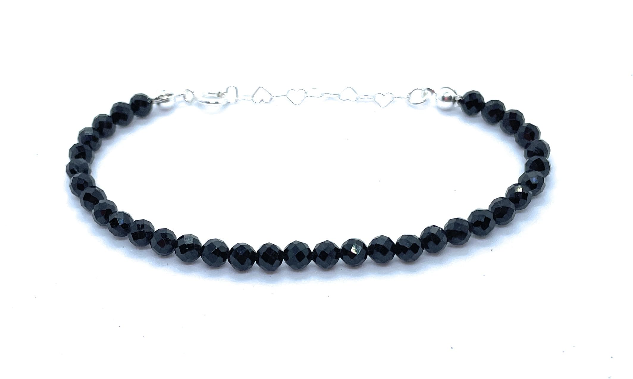 Pulsera de Turmalina Negra Natural, 4mm, Plata 925, Ajustable 16-19cm