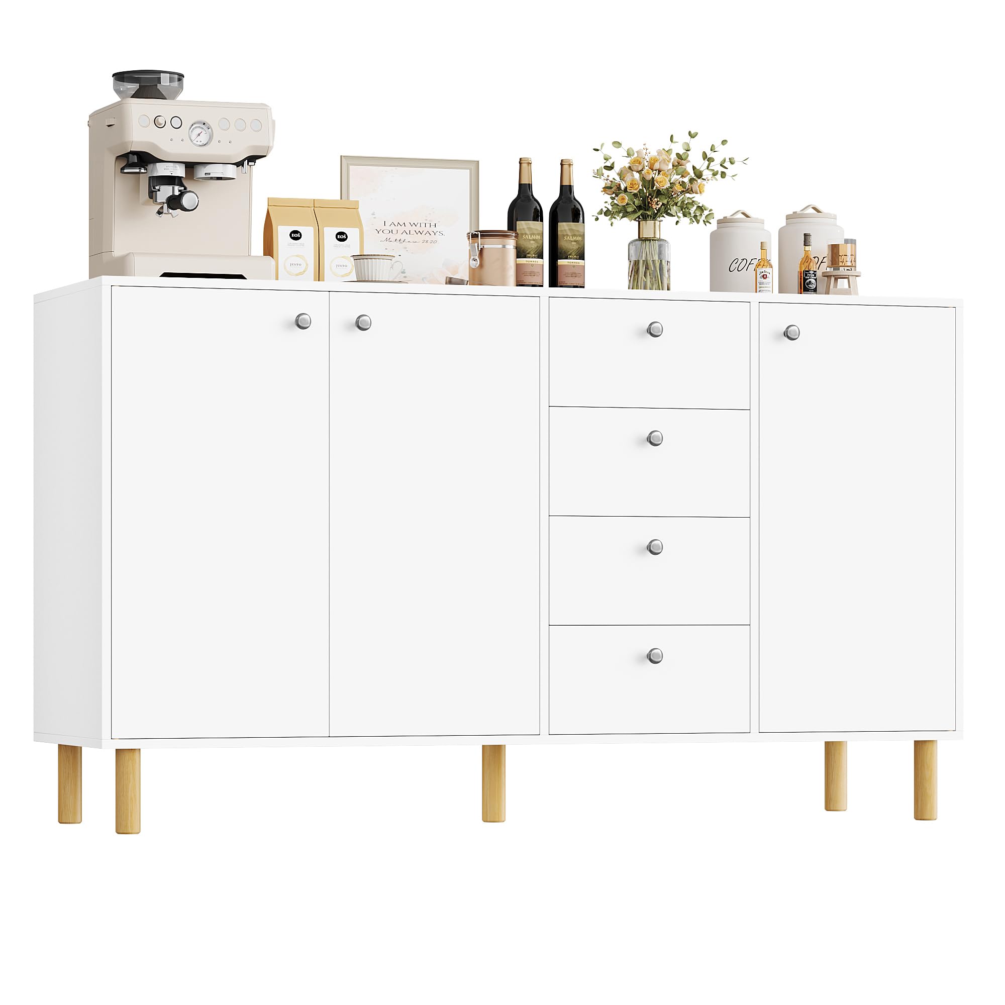 FirFurd Sideboard for Living Room White Sideboard Storage Cabinet Freestanding Cupboard Large Chest of 4 Drawers with 3 Doors 140x40x80cm Wooden