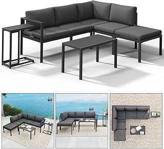 Mucola Gartenmöbel Set Aluminium Ecklounge mit Hocker Beistelltisch Sitzgruppe variabel aufstellbare Elemente | wetterfest und rostfrei | Essgruppe extra Dicke Wasserabweisende Kissen Sitzecke
