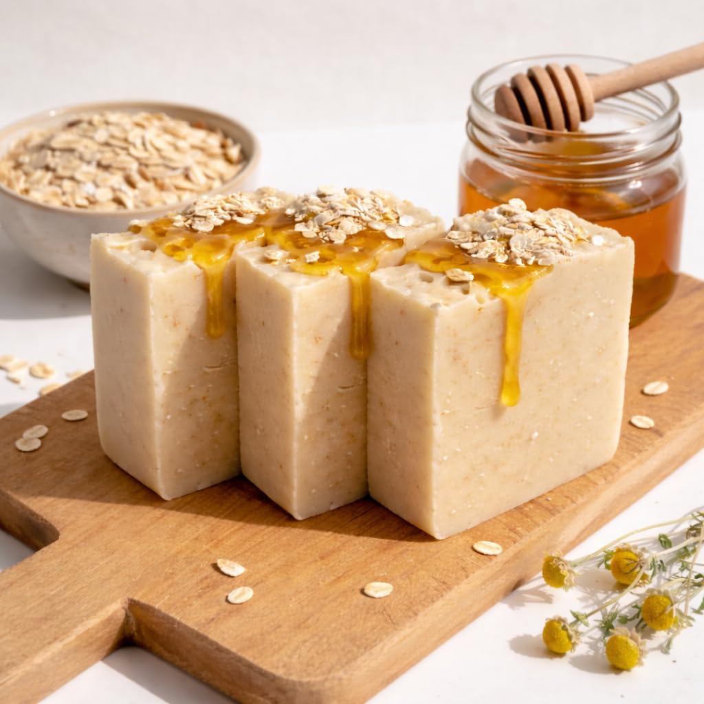 Oatmeal honey soap bar handmade gentle exfoliating cleanser for sensitive skin with natural oats and moisturizing honey face