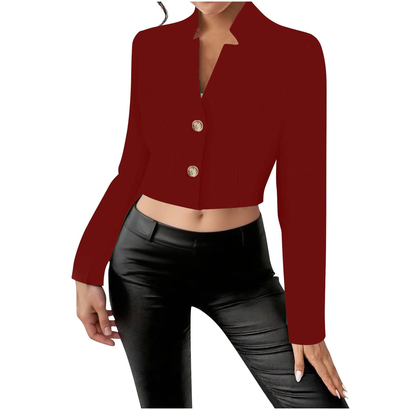 Womens Long Sleeve Cropped Blazer Work Office Button Open Front Fashion Jackets Casual Solid Color Suit Fall Coats