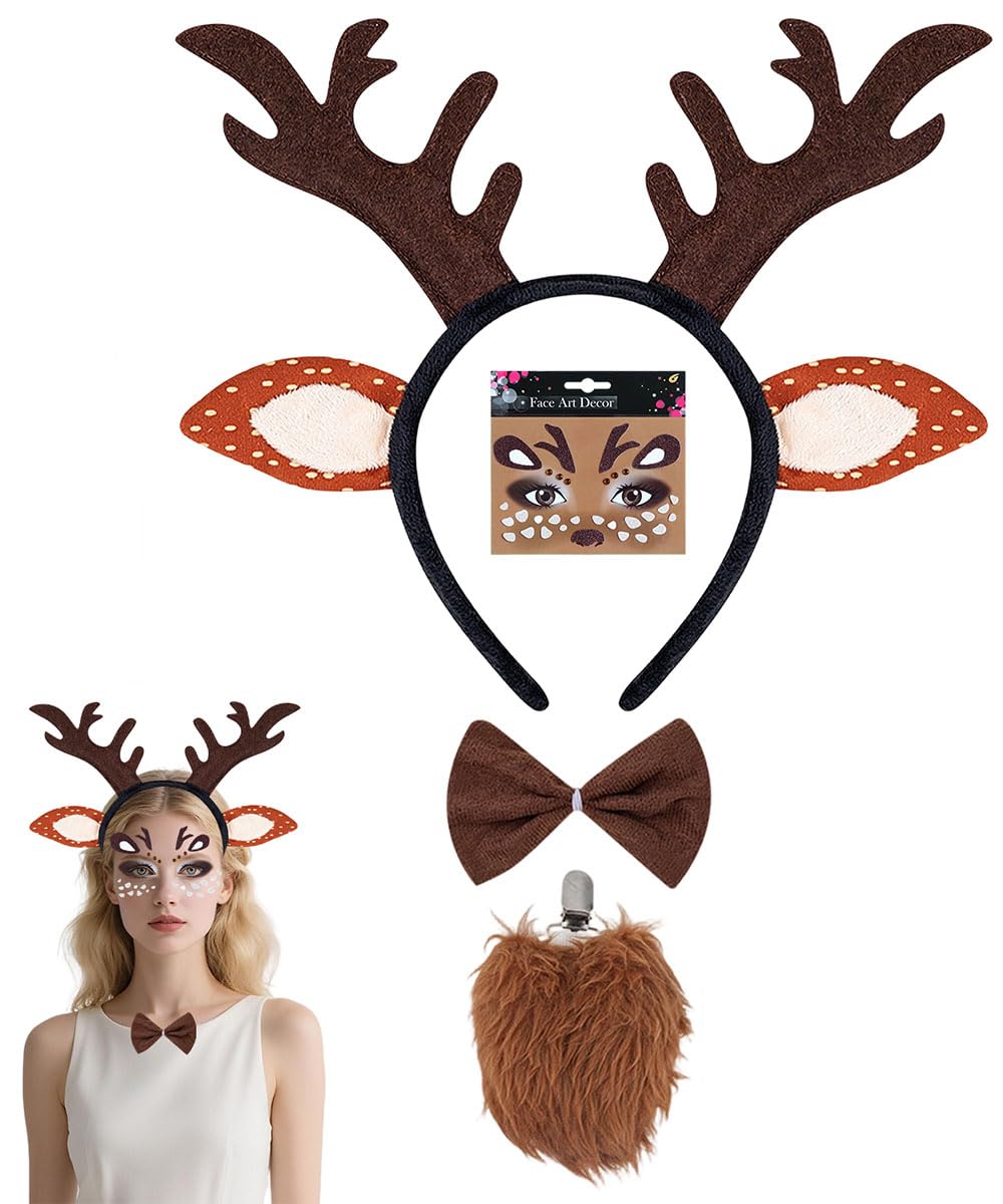 SHIFANQI Reindeer Costume Adult, 4PCS Deer Ears Alters Headband, Face Tattoo Stickers