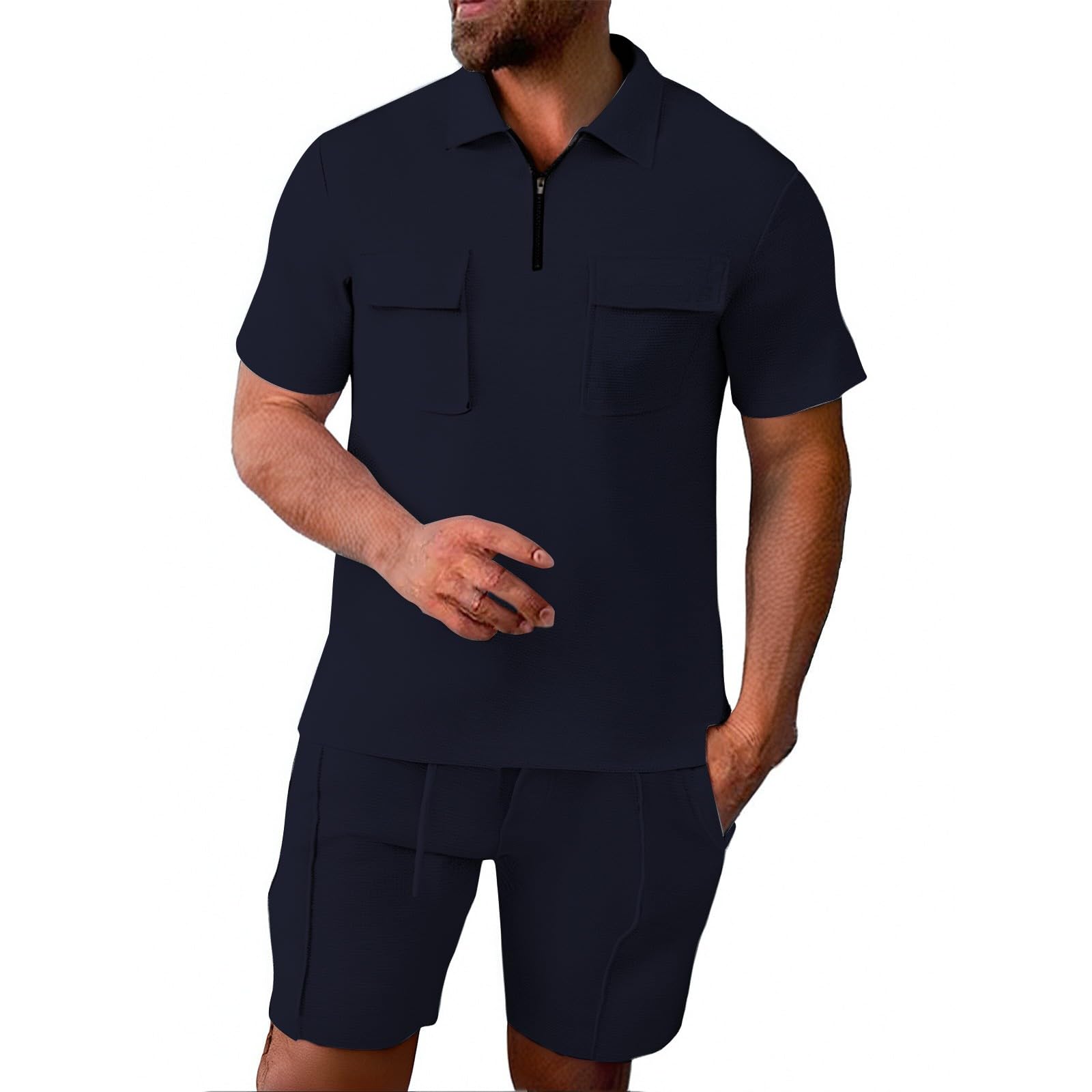 Generisch Polo de manga corta para hombre de dos piezas, chándal corto, polo con cremallera, pantalones cortos de jogging con bolsillo, traje deportivo monocolor, juego de 2 piezas