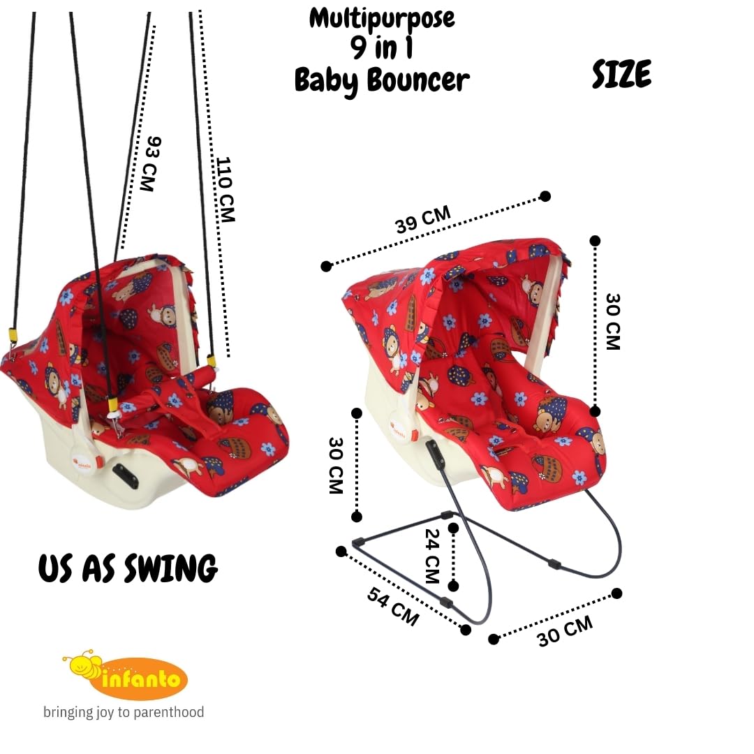 INFANTO Multipurpose 9 in 1 Bouncer | Compatible with Stroller | Rocker | Feeding Chair | Sleeping Carrier | Bath Chair | Mosquito Net | (Pink) (RED) - Image 3 thumbnail