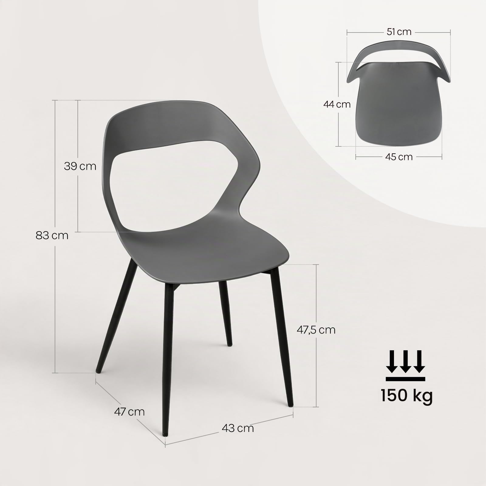 WOLTU Set di 4 Sedie Sala da Pranzo, Sedie Cucina con Schienale Traforato | In PP e Metallo, senza Braccioli, Capacità di Carico 150 kg, per Soggiorno, Camera da Letto e Studio, Grigio
