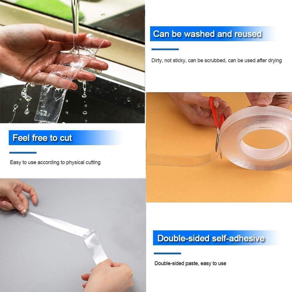 Vyoma Double Sided Nano Adhesive Tape, Washable Traceless Nano Gel Tape, Stick to Glass, Metal, Kitchen Cellphone, Pads or Tile Nano Tape 10 Transparent Tape 3M (White) 4