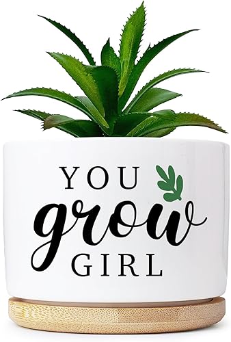Macetas para suculentas You Grow Girl con bandeja de bambú, maceta de interior para hija, hermana, mujer, amigas, compañeras de trabajo, regalo de