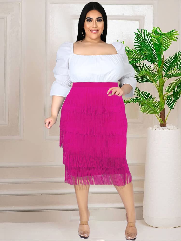 ONTINVA Women's Fringe Midi Skirt Bodycon Party Club Dance Skirt with Tassels (Rose,XL,X-Large)