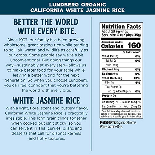 Lundberg Family Farms - Organic California White Jasmine Rice, Floral Scent, Buttery Flavor, Clings When Cooked, Bulk Rice, Gluten-Free, Non-Gmo, Usda Certified Organic, Vegan, Kosher (32 Oz, 6-Pack) #TOP5
