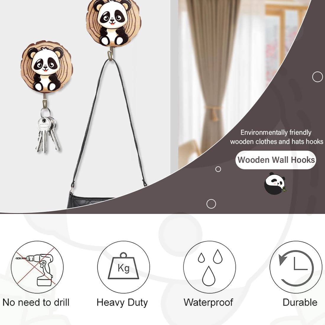 Ganci Autoadesivi per Bambini Panda, Appendini da Parete per Animali, Cappelli, Cucina e Bagno 4 Pezzi