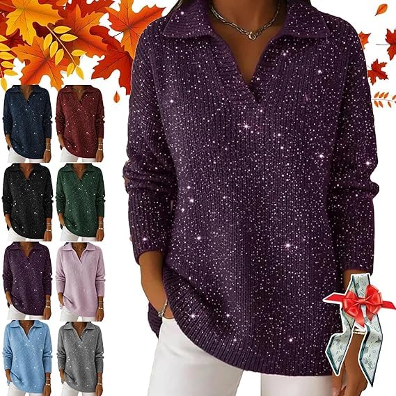 Christmas Party Polo Collar Shiny Loose Sweater Top Womens Elegant V Neck Long-Sleeved Sparkly Pullover Sweater