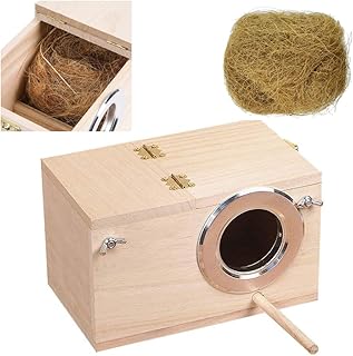 Parakeet Nesting Box Cage, Budgie Nesting Bird House Parrot Mating Box with Perch, Natural Coconut Fiber Wood Breeding Box Cage for Finch, Canary, Sparrow, Cockatiel, Lovebird, Small Birds