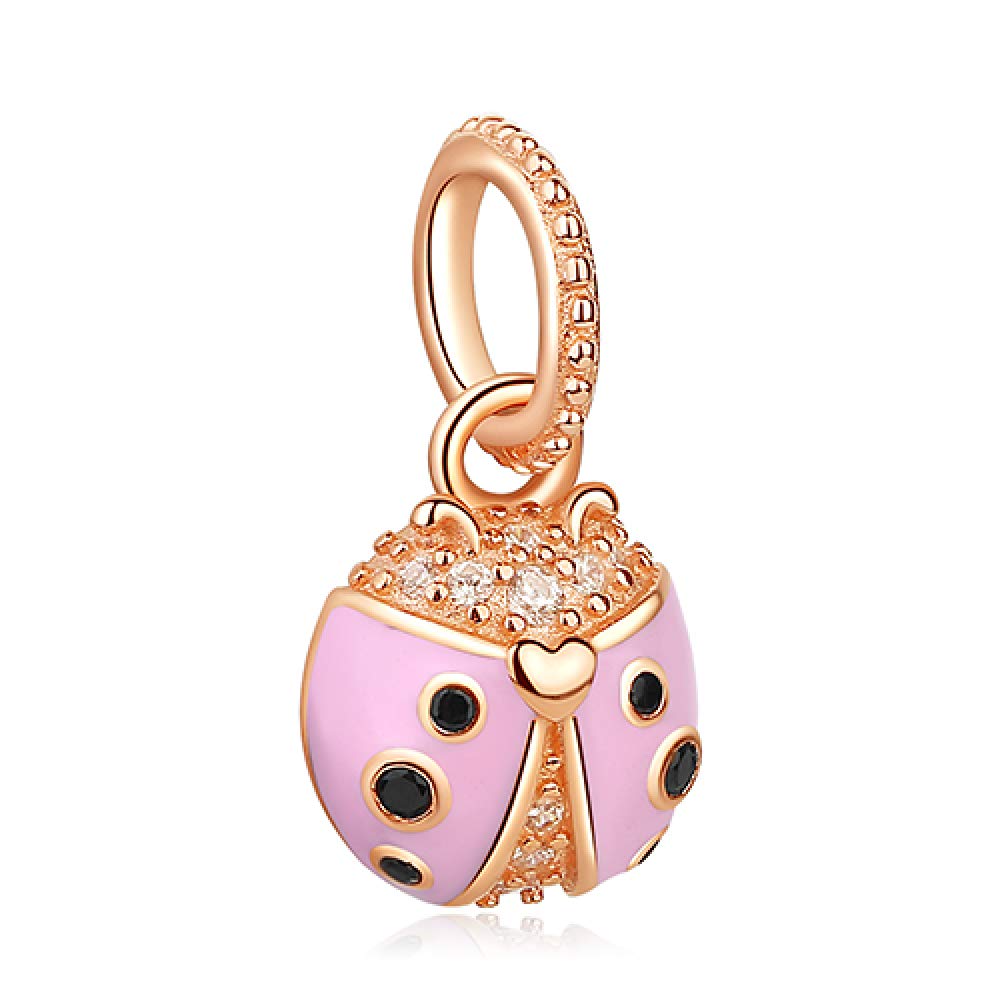 CGCSYZ 925 Sterling Silver Charm Rose Gold Pink Ladybird Charm Fit Bracelet Beads for Jewelry Making (PY1841)