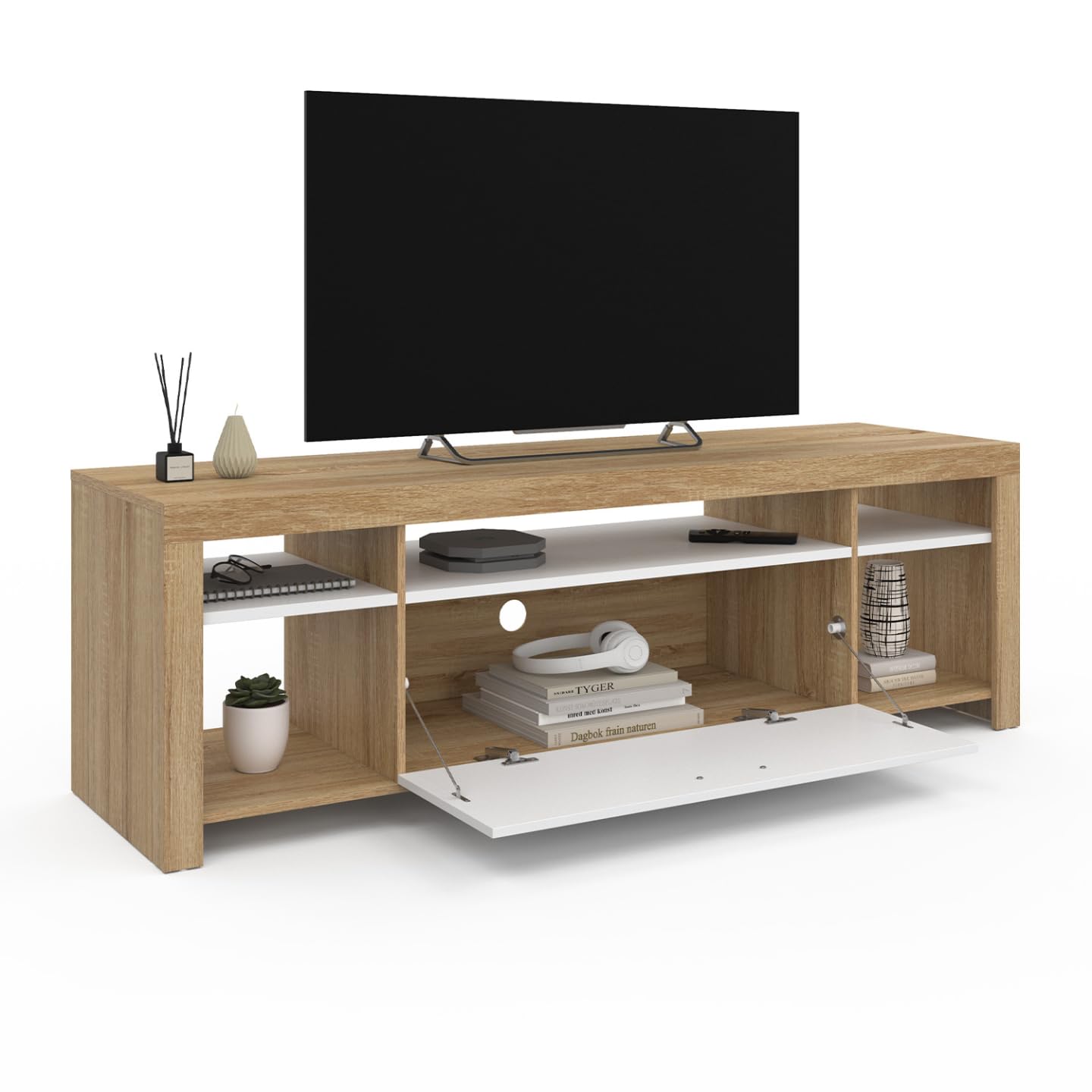 IDMarket - Meuble TV 140 cm Malo Bois et Placard Blanc