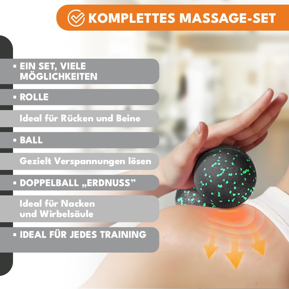 KRUMAD Set per massaggio fasciale – Roller, duoball e palla EPP, ideale per massaggi muscolari, schiena, colonna vertebrale e gambe, accessori per yoga, pilates e allenamento di mobilitazione