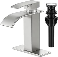 LUFG Brushed Nickel Waterfall Bathroom Faucet - Single Handle Sink Tap with Pop-Up Drain for 1 or 3 Hole Sinks