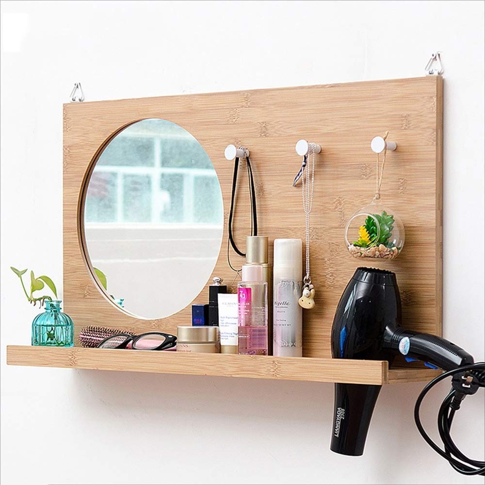 Étagère murale bambou multi-fonction avec miroir de maquillage
