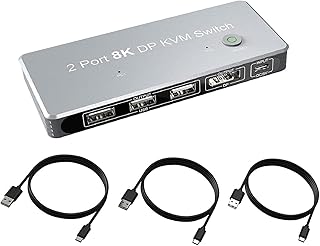 NATEFEMIN 2 in 1 Out USB Displayport KVM Switcher, 8K/30Hz, 4K/144Hz HDMI KVM USB Switcher for PC Share Monitor Mouse Keyboard Printer