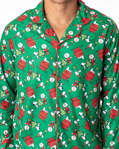 Peanuts Conjunto de pijama masculino de Natal Snoopy Charlie Brown com botões, Verde, XXG