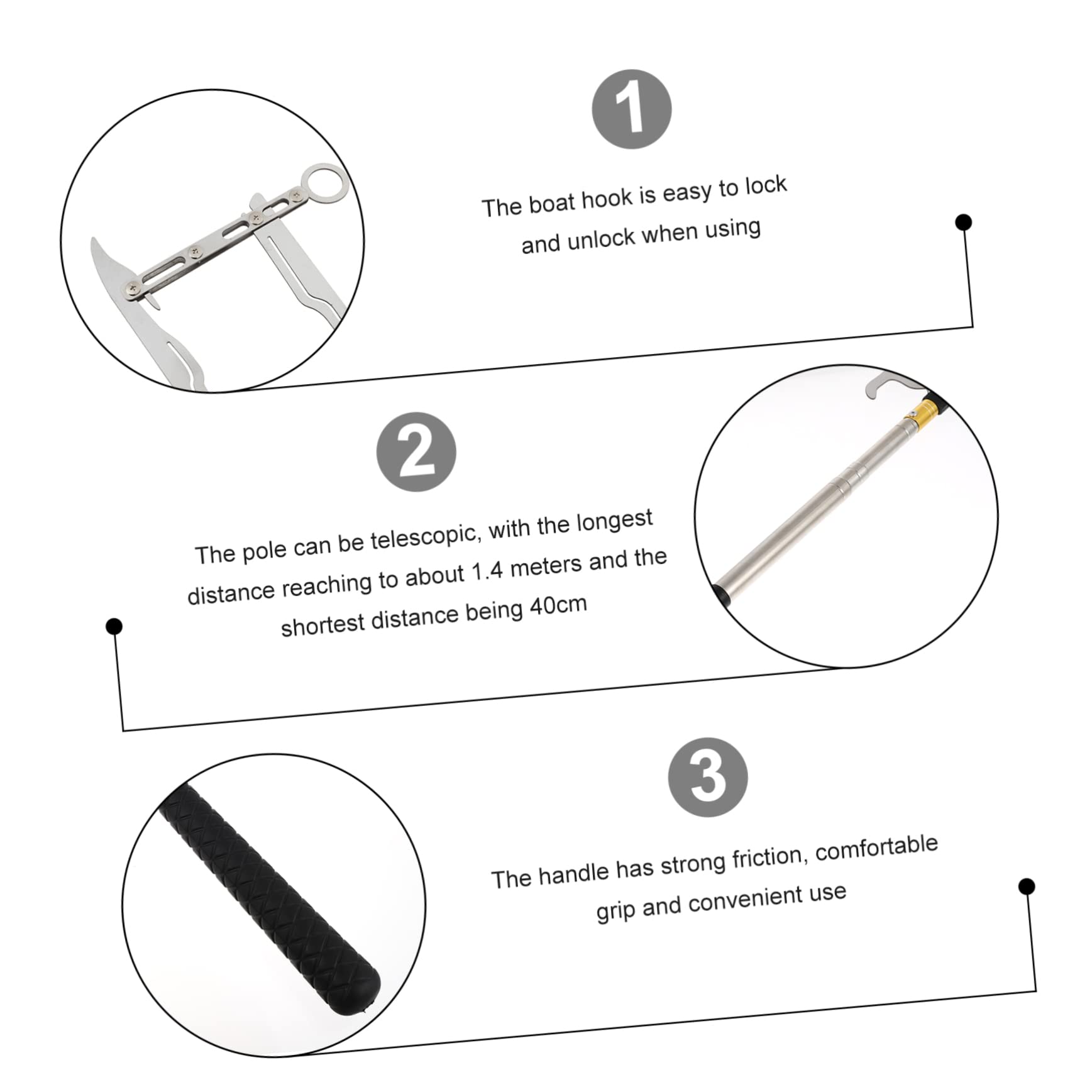 BESPORTBLE Stainless Steel Boat Hook Telescopic Rod Marine Use Tie Rope Hook 40cm-1.4m Extendible Easy to Carry Store