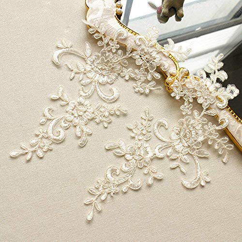 Mirror Pair Delicate Corded Embroideried Lace Appliques Wedding Lace Patches Bridal Floral Sewing Appliques DIY For Dress Veiling Evening Gown (Champagne)