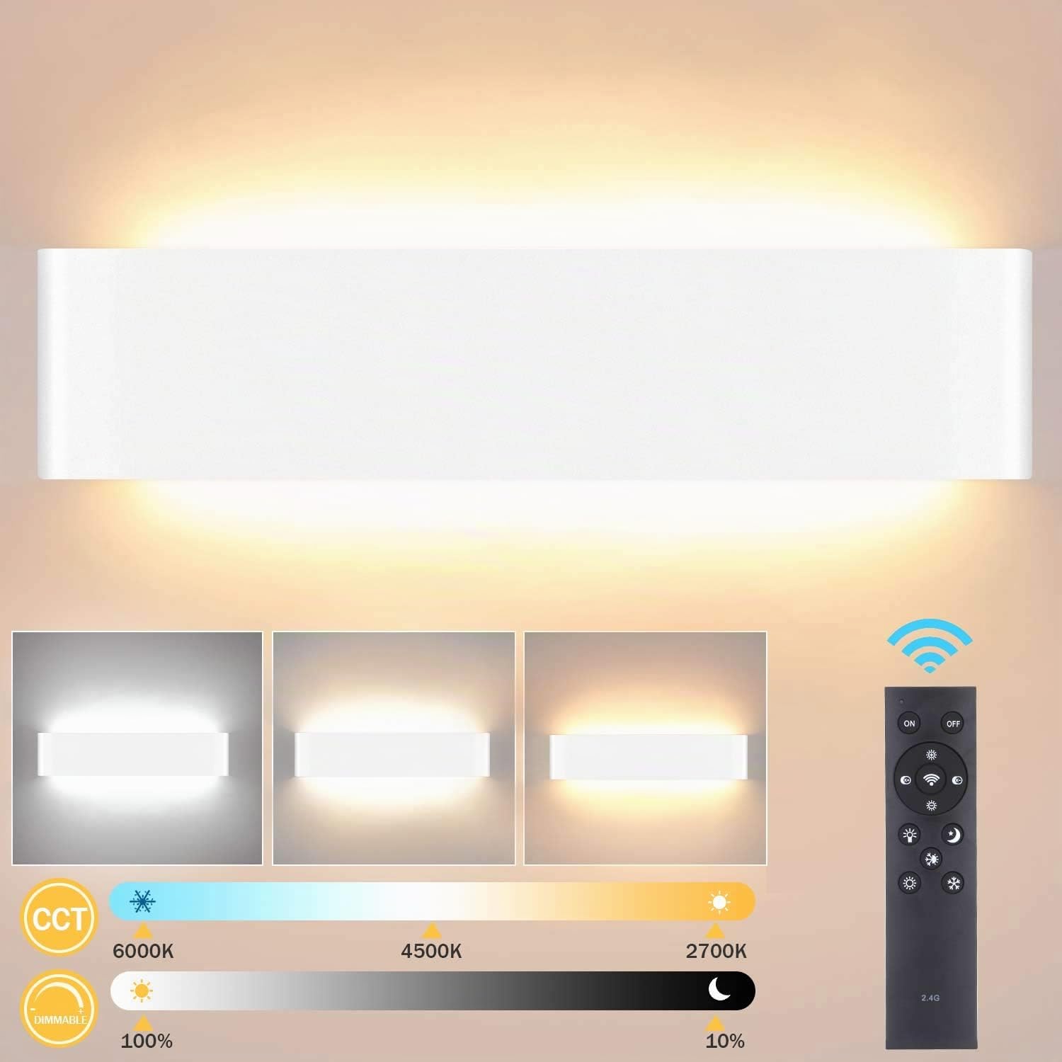 28W Applique da Parete Interno LED Lampada da Parete 40cm Moderno Dimmerabile con 2.4G Telecomando per Scala, Soggiorno, Camera da Letto (2700K-6500K) Bianco