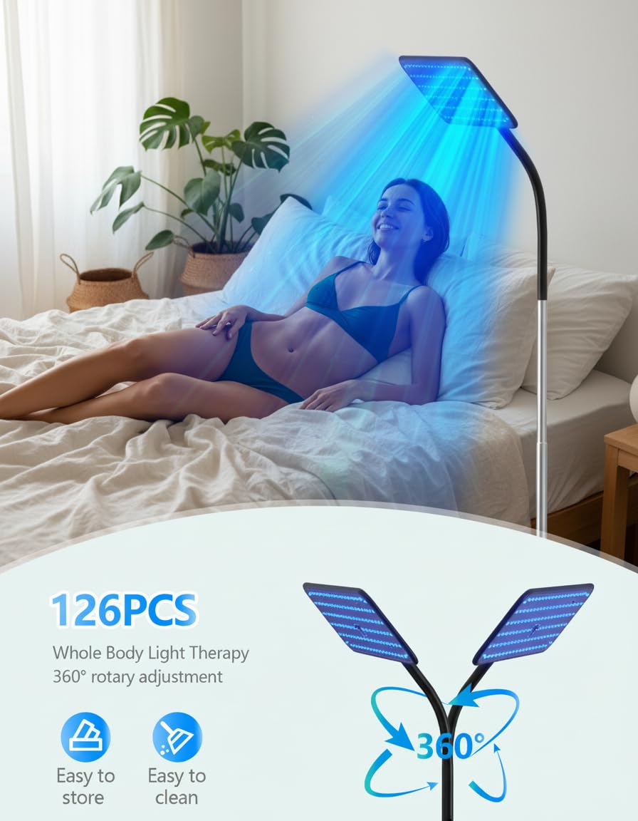 50W Solarium Für Zuhause mit 225 Lichttherapie-Perlen (460nm & 490nm), verstellbarem Metallständer & Timer für professionelle Bräunung zu Hause,Kostenloses Bräunungsserum 30ml*2