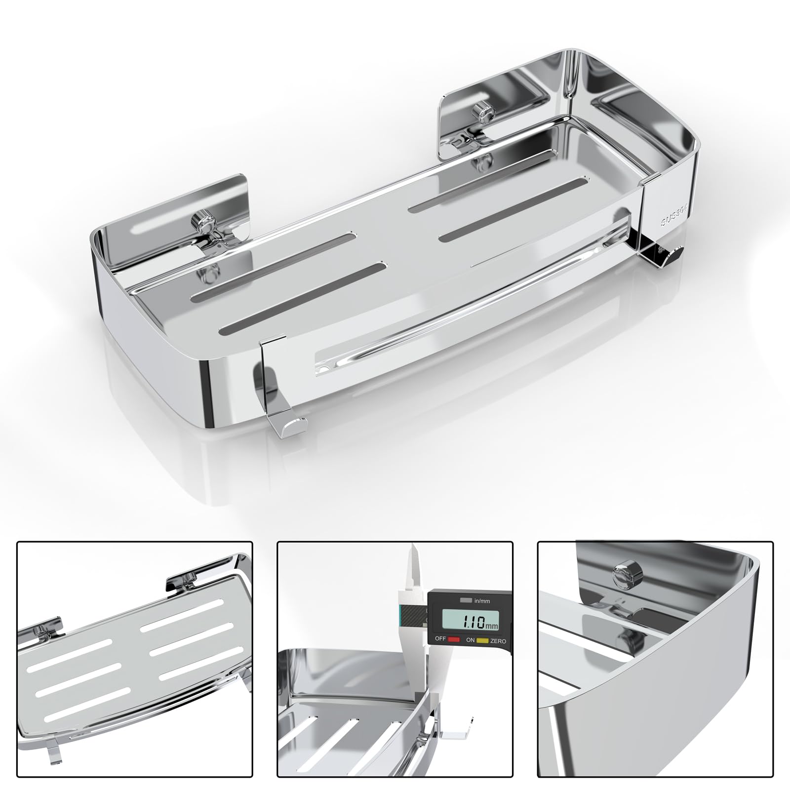 Mensola Doccia Senza Foratura, Mensola per Docciain SUS 304 Acciaio Inox con 4 Ganci, Organizer Adesiva Angolare Rettangolare Accessori da Bagno per Doccia, Bagno, Cucina (Argento - 1 Strati)