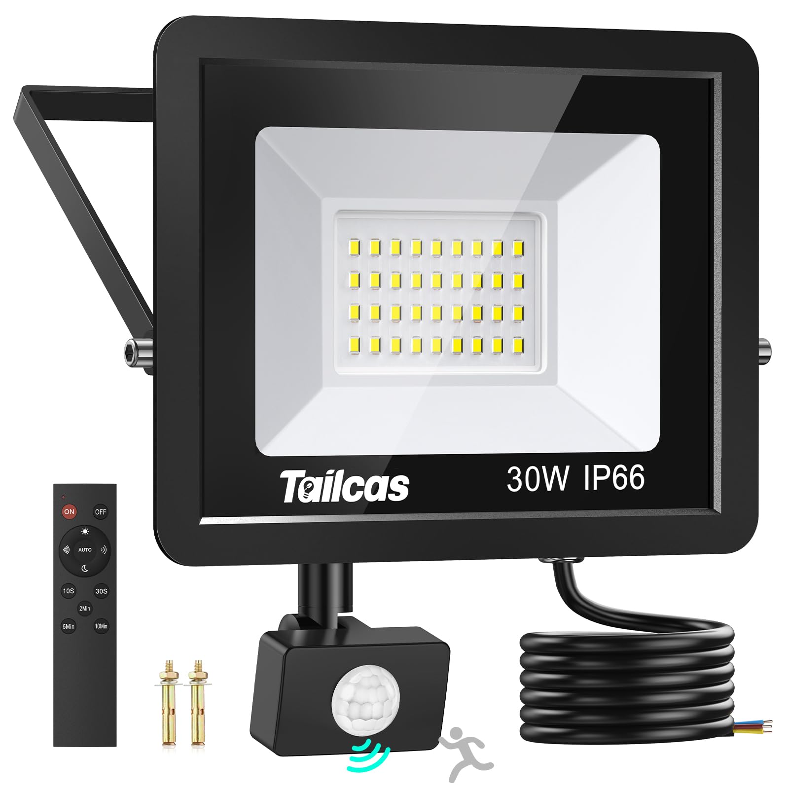 TailcasLED Security Lights Outdoor Motion Sensor 30W, 2700LM 6500K PIR Security Light with IR Remote Control, IP66 Waterproof Outdoor Lights Dimmable Floodlight for Garden Backyard