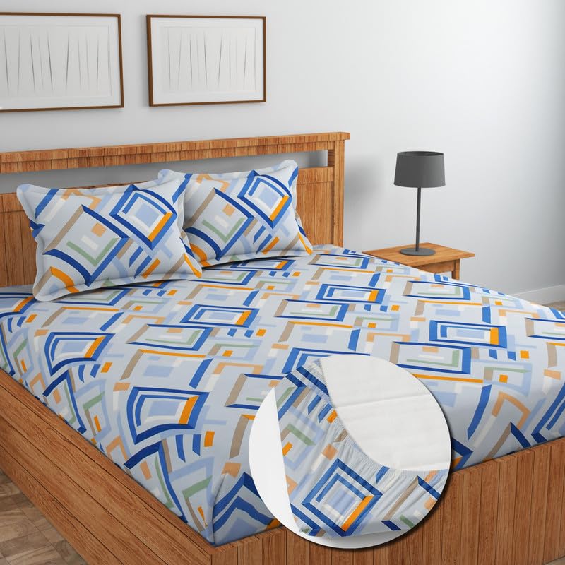 Image of NEW LEAF Glace Cotton Fitted King Size Double Bedsheets with 2 Pillow Covers | Elastic Fitted | Wrinklefree | Ultrasoft |Winter Bedsheet 220 tc tc Floral | 78 x 72+10 Inches, Blue White
