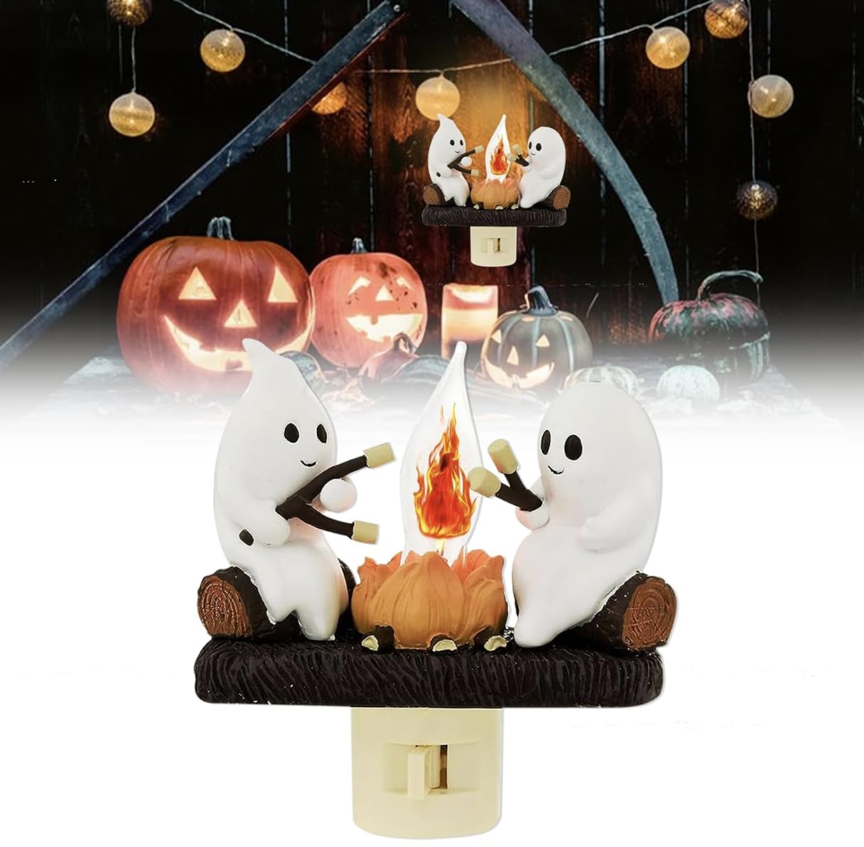 ByeBite Ghost Campfire Flickering Night Light, Ghosts Campfire Flicker Flame Halloween Nightlight, 3D LED Small Faux Campfire Night Light, Halloween NighGhost Campfire Flickering Night Light, White