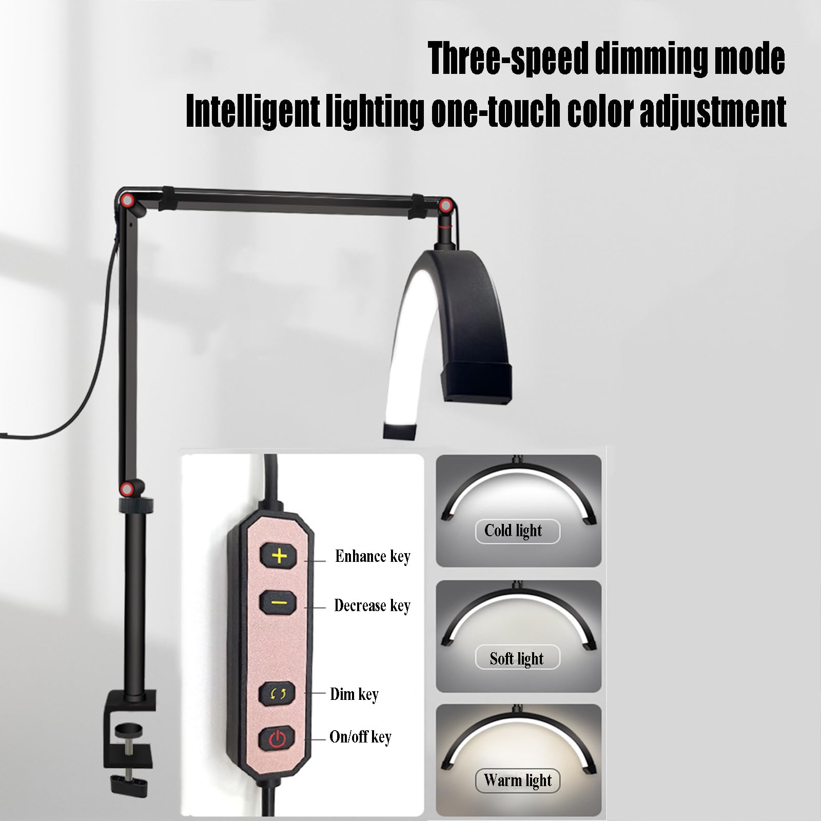 Lampa biurkowa LED półksiężyca, zimne światło o wysokiej jasności, 3-trybowe ściemnianie, uchwyt na telefon komórkowy, obracana o 360° głowica lampy do domu i salonu piękności