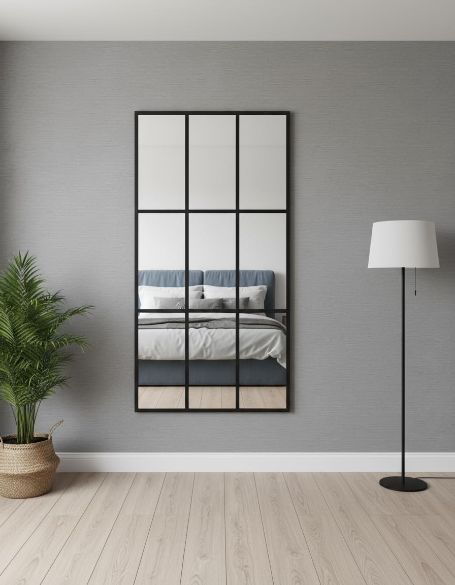 THEROSE Espejo Industrial Ventana, Marco Aluminio, Espejo Ventana, 160 x 80 cm, Pared, probador (Negro)