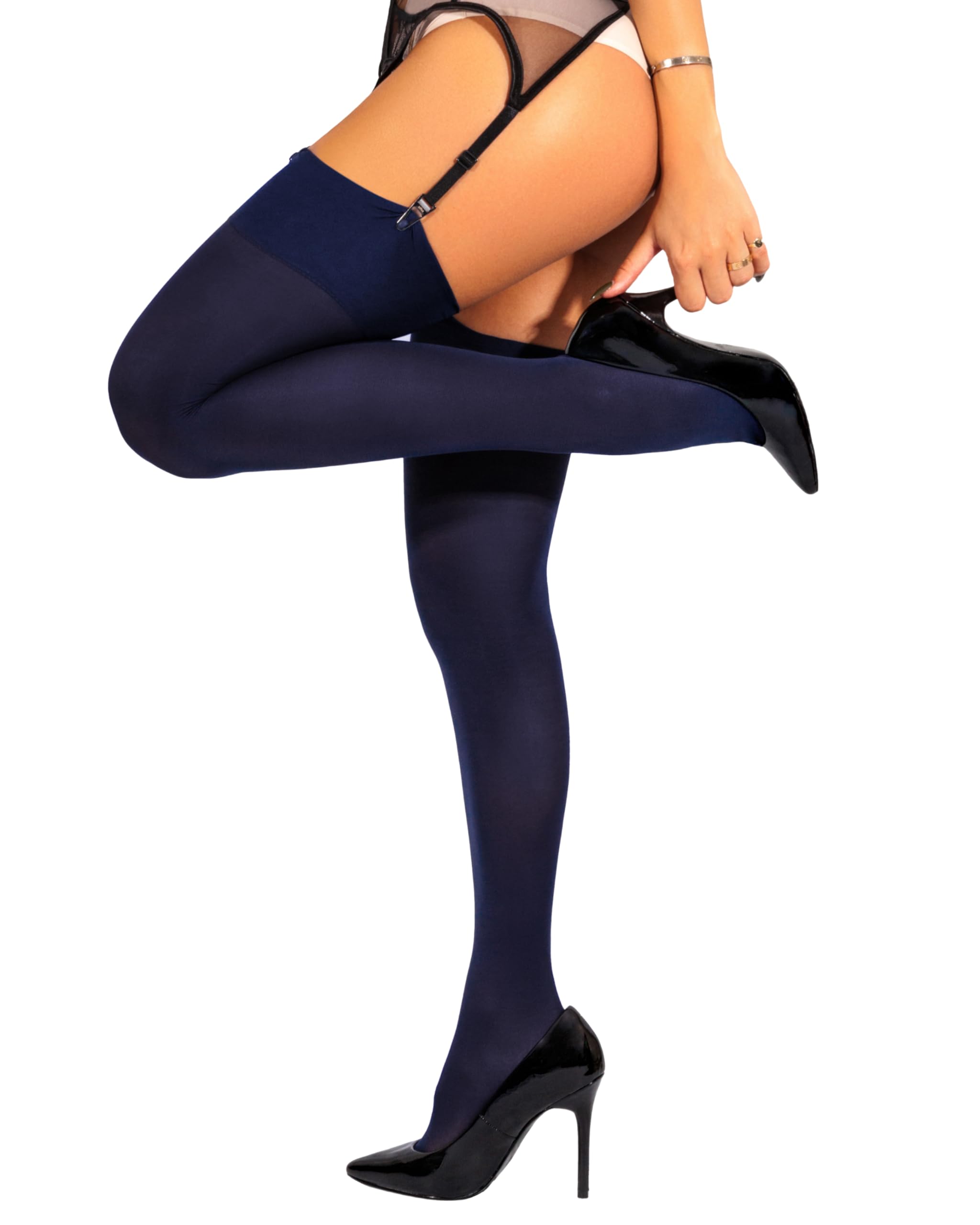 sofsy Thigh High Suspender Stockings - Women Opaque 60 Denier Lingerie Socks with Plain Top (Garter Belt Not Included) Navy Blue Size Large