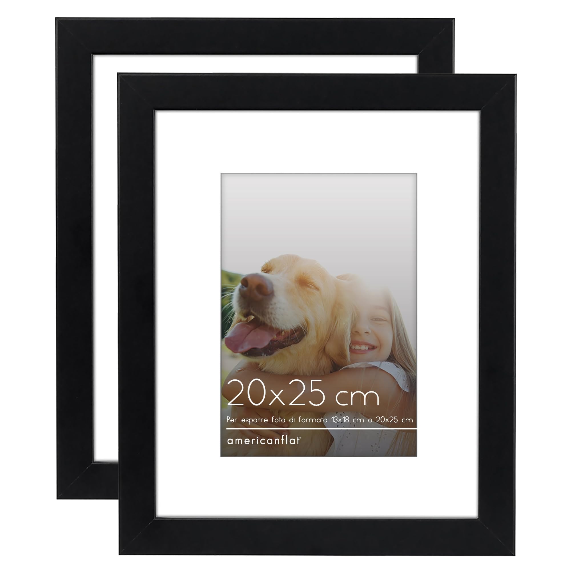 Americanflat Cornice 20x25 cm Nera - Set di 2 Cornici Foto 13x18 cm con Passepartout o 25x20 cm senza Passepartout - Portafoto con Vetro Antiurto e Cavalletto - Cornici da Parete e da Tavolo