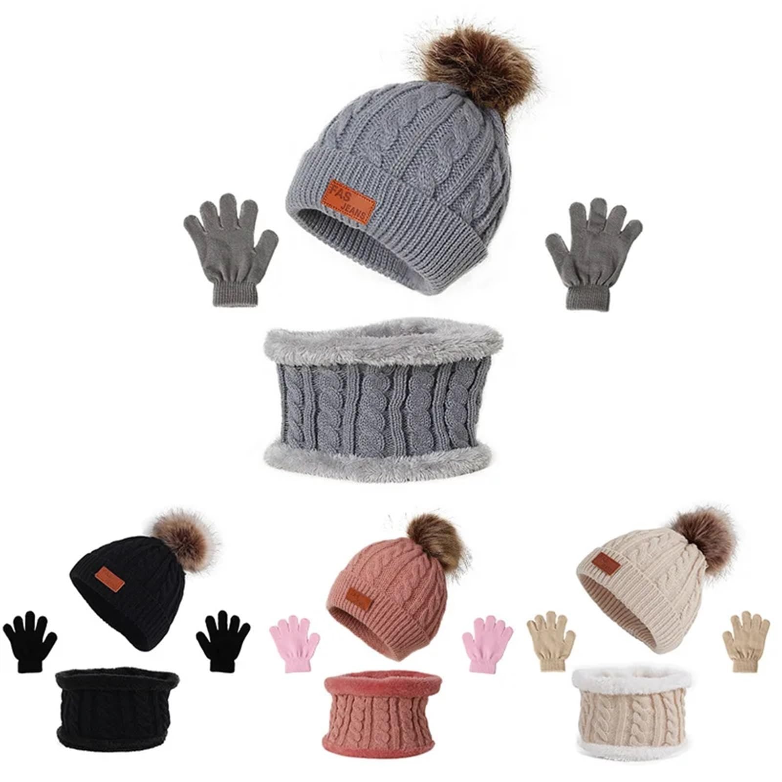 Conjunto de 3 uds. De Gorro de Invierno for bebé, Gorro con pompón for niño, Gorro Tejido Bonito y cálido, Bufanda, Guantes, Traje for niña y niño, Gorro Infantil Informal(Pink Suit)