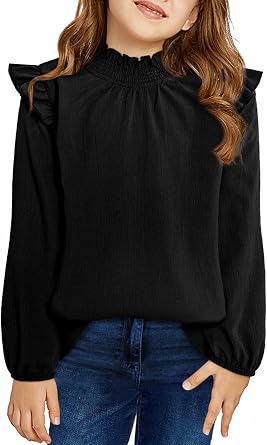 blibean Girls Long Sleeve Tops Elegant Ruffle Blouse Size 6-15 Years | Kids Fall Solid Dress Tee Shirt, Casual Semi Formal Western, Cute Tunic for Tween Teen, Spring Fashion Party Clothes