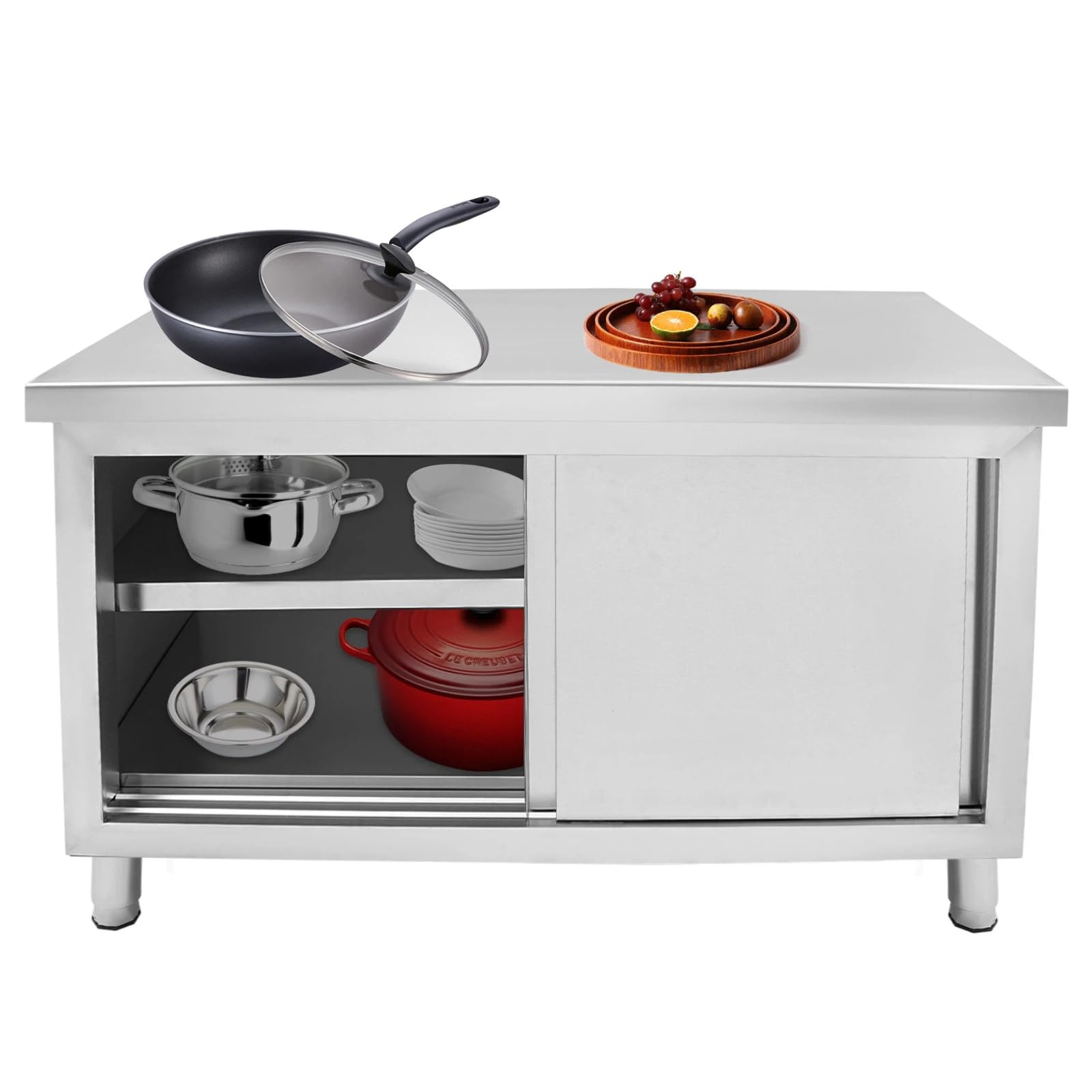 Tavolo da lavoro a 3 piani in acciaio inox con ante scorrevoli, 120 x 50 cm, tavolo di preparazione commerciale con grande piano di lavoro e armadio, in acciaio inox, per ristorante, casa