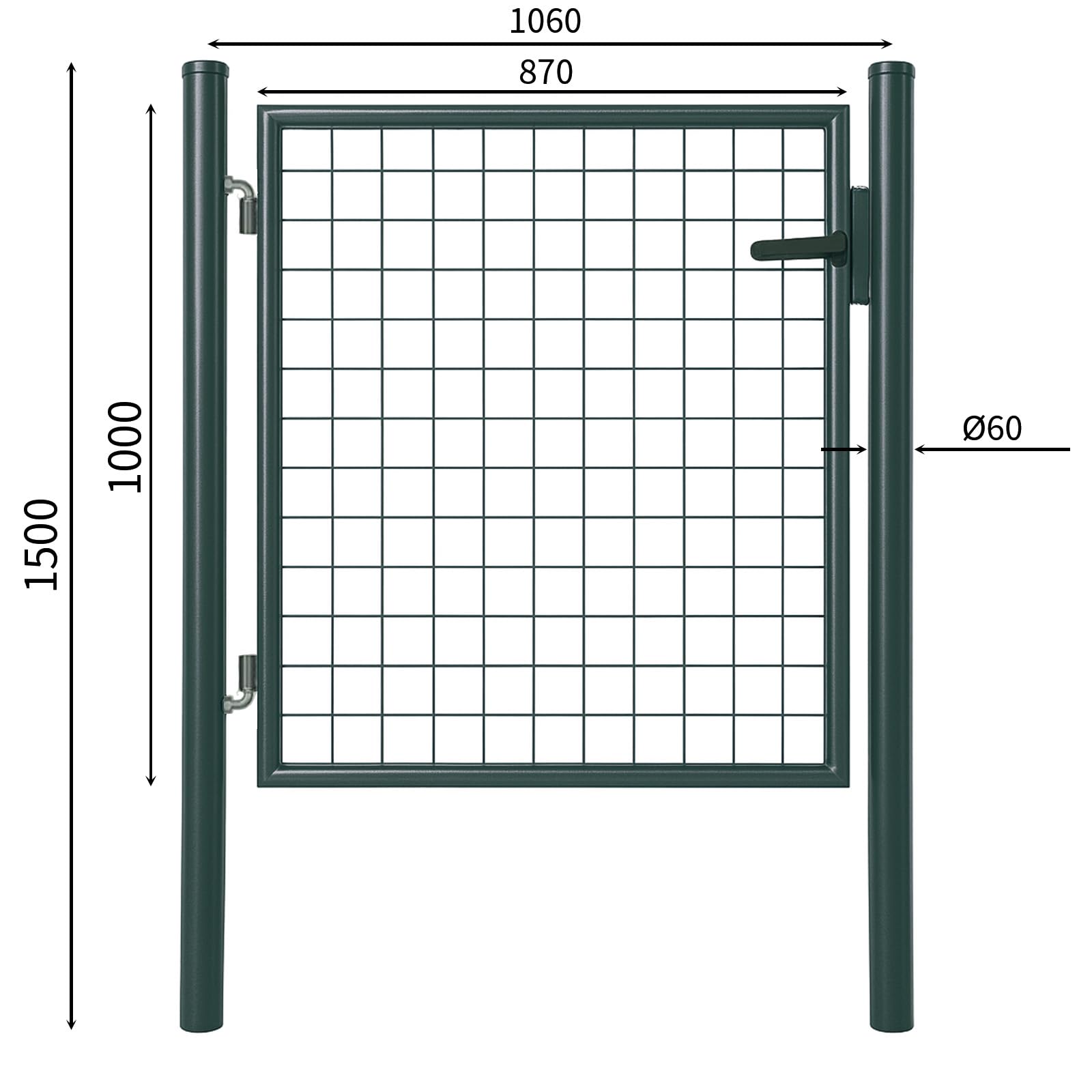 ATTAS Cancello da giardino in metallo, 100 x 100, verde, con serratura e 3 chiavi con serratura, porta di recinzione, porta da giardino, per cancello a doppia asta, in metallo, cancello da cortile