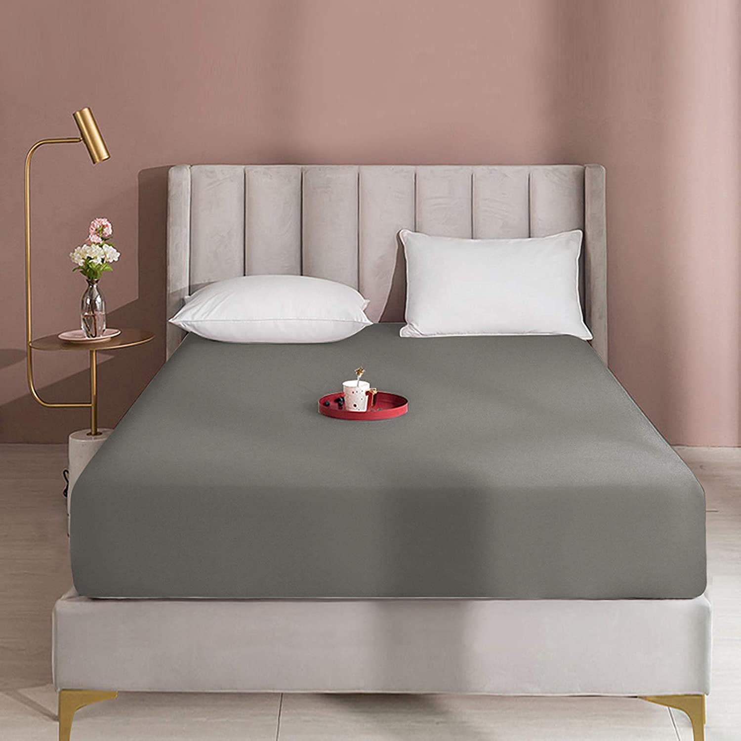 Queens Land Home Extra Deep 16"(40cm) Non Iron Percale Plain Pollycotton Fitted Sheet-(Single, Gray)