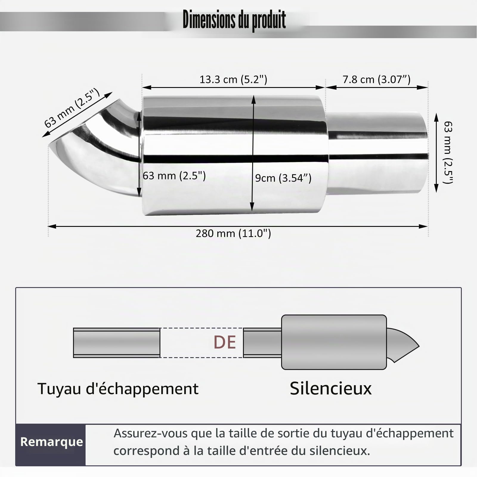 Catekro Silencieux Échappement Voiture Sport 63mm Inox, 2,5" Entrée 11" | Universel Silencieux Voiture Arrière Acier Inoxydable Tube Perforé Remplacement Performance pour Automobile Diesel PKW