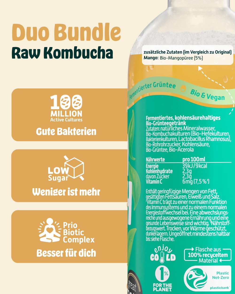 KOMBUCHERY® Balance Bundle | Raw Kombucha BIO | 12 x 400ml | Fermentierter Tee mit aktiven Darm-Kulturen | Zuckerarm & Kalorienarm | Unpasteurisiert, PrioBiotic, Vegan, Testsieger | inkl. 3€ PFAND